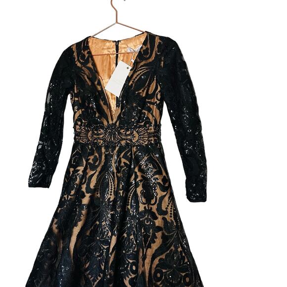 MAC DUGGAL Black Nude Sequin Lace Burnout Embellished A-Line Dress Size 4 NWT - Picture 6 of 16